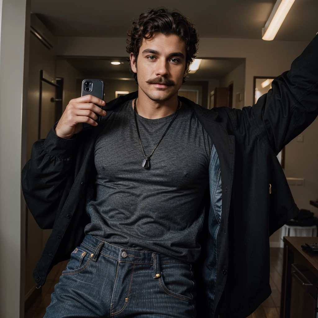 Handsome man , light mustache, hot muscular body , medium curly hair , phone selfie, best quality like its taken by iPhone 12 , wearing black baggy jeans and black jacket