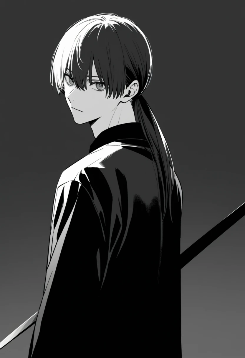 yuto-sano, 1boy, Kaneki, black  hair, unique hairstyle long hair, elegant, monochrome, solo, greyscale, male focus, looking at viewer, holding a sword