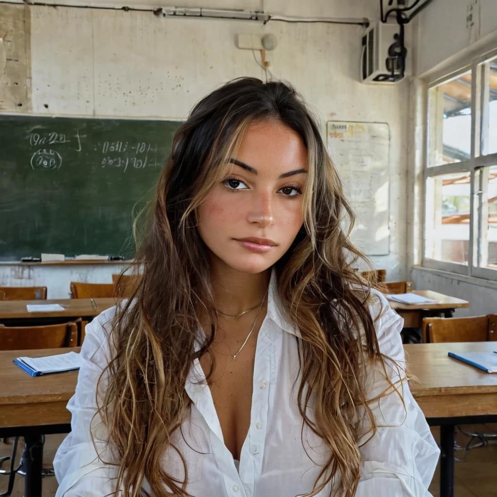 Texture de la peau, sans maquillage, Super high res 0.5x portrait photo oF an pretty woman in classroom with long slightly wavy hair,wearing a light shirt , ,F /2.8, canon, 85mm,cinématique, haute qualité,regarder le spectateur, pencil in hair,