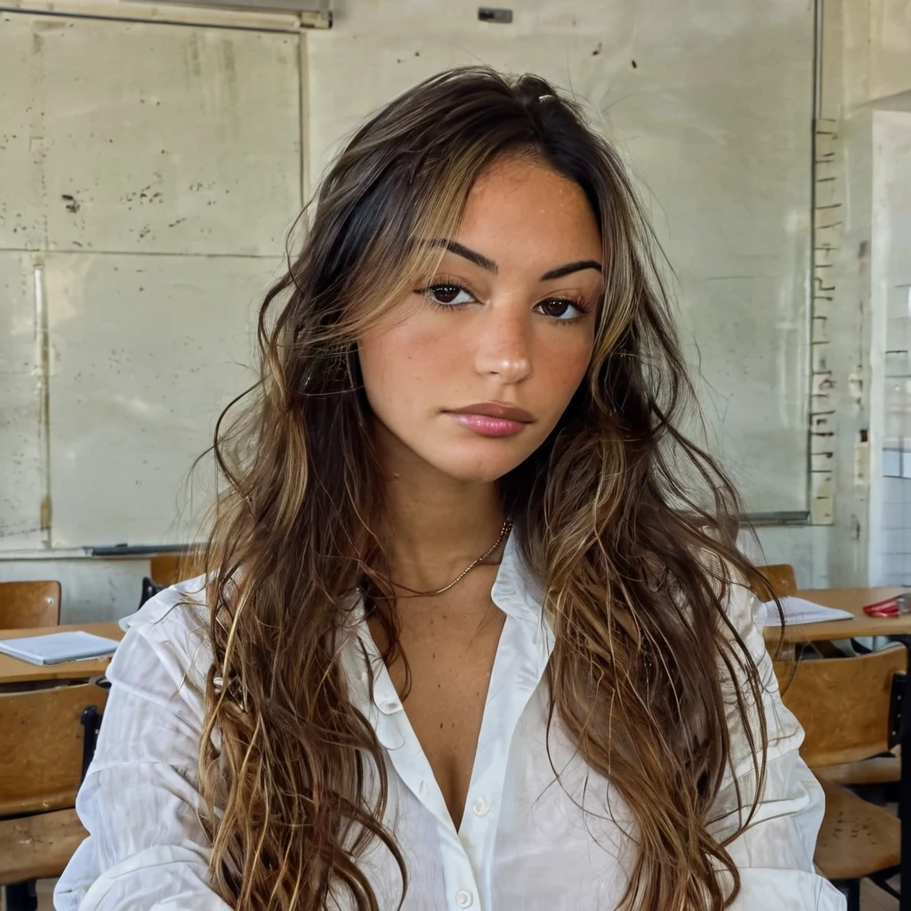 Texture de la peau, sans maquillage, Super high res 0.5x portrait photo oF an pretty woman in classroom with long slightly wavy hair,wearing a light shirt , ,F /2.8, canon, 85mm,cinématique, haute qualité,regarder le spectateur, pencil in hair, 