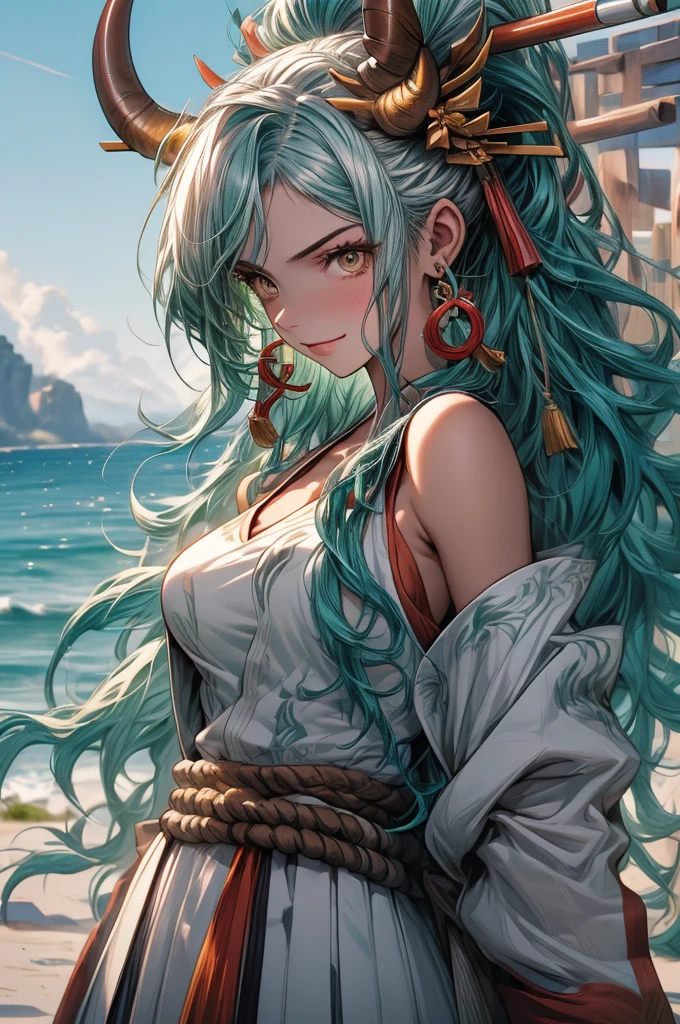 yamato, aqua hair, (brown eyes:1.5), curled horns, earrings, green hair, white hair, hair ornament, hair stick, high ponytail, horns, long hair, multicolored hair, multicolored horns, oni, red horns, shimenawa, sidelocks, v-shaped eyebrows, very long hair, best quality, masterpiece, 4k, absurd res, UHD, ultra-detailed, detailed eyes, detailed skin, detailed hair, detailed face, detailed fabric, (1 young beautiful girl, solo:1.1), (multicolored hair, long hair, white hair, aqua hair, two-tone hair, high ponytail, hair stick, hair ornament), (natural big breasts:1.2), (sideboob:1.2), (bare arms, bare shoulders, hakama, japanese clothes, rope, shimenawa, sideboob, sleeveless, sleeveless kimono), earrings, jewelry, (big eyes, brown eyes), collarbone, medium body ((hourglass shape)), sexy pose, smile, beach background, cowboy shot