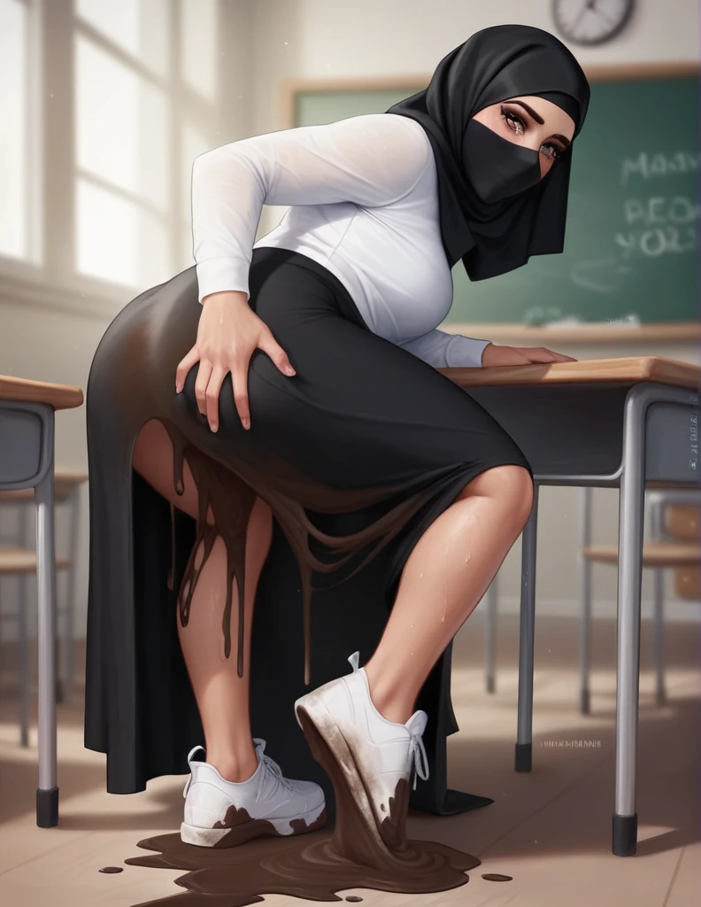 realistic face features, 1girl, 10 year old, cute face, pretty face, cute eyes, bad body, black hijab, long black skirt, tight long sleeve white shirt, white sneakers, crying, (((both hands on ass))), very sweaty, in dirty classroom, near the desk, dirty skirt, dirty chair, dirty clothes, sweaty clothes, (((make the whole image filthy and dirty))), (((some mud dripping from long skirt))), stinky atmosphere, filthy atmosphere, mud on long skirt, disgusting long skirt, (((extreme amount of mud on crotch))),