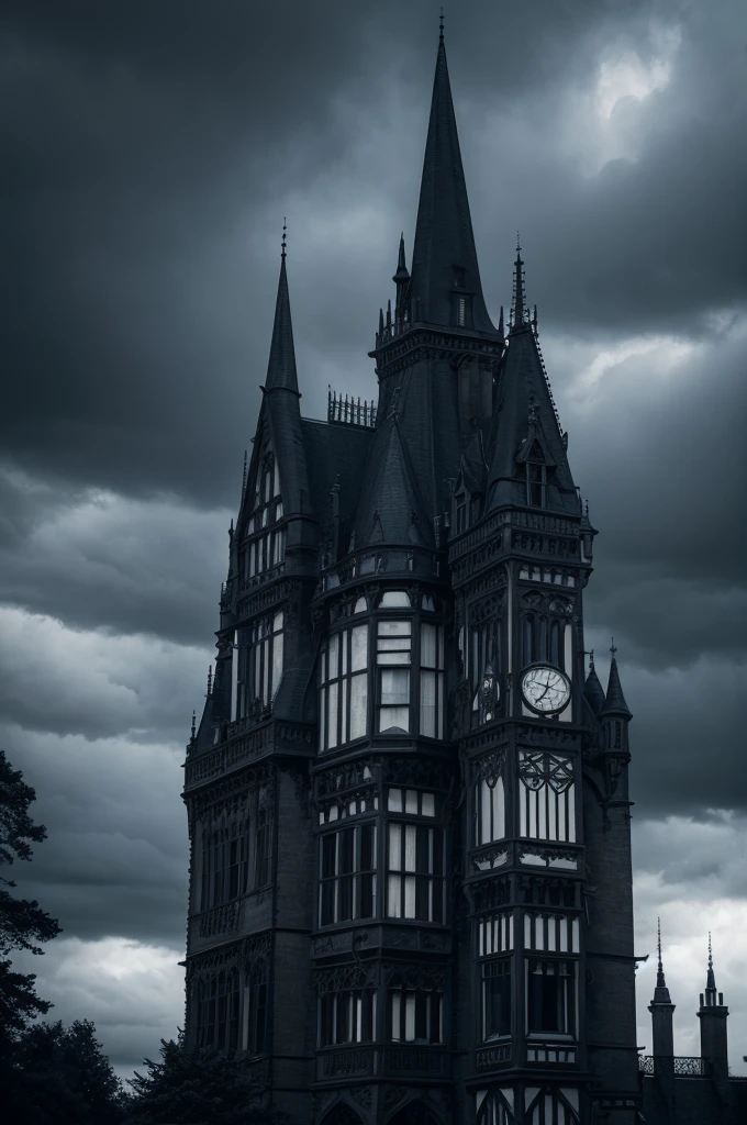 A gothic mansion and imposing stormy sky.
Black palette, gris, dark blue and white to create a melancholy and intriguing atmosphere.