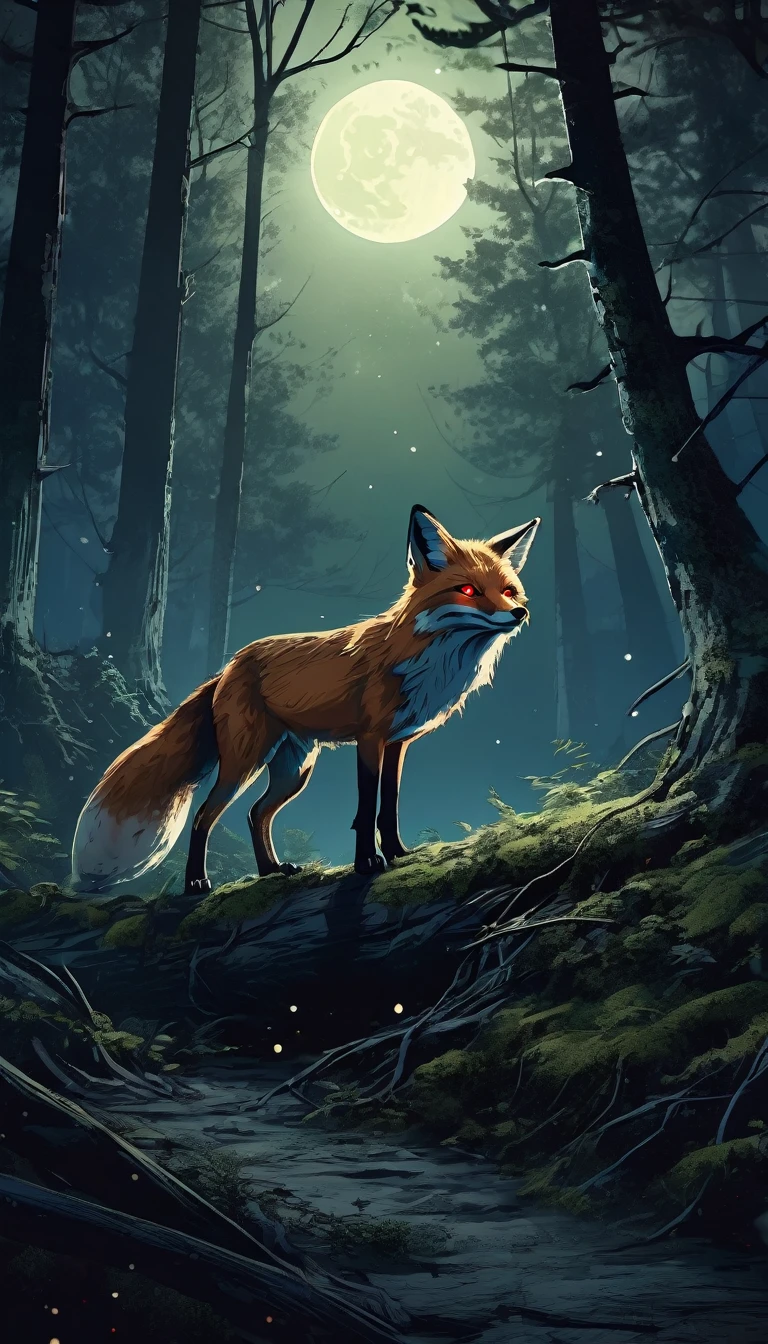 a little angry fox with red eyes, walking through a dark old-growth forest at night, foggy creepy atmosphere, fantasy magical night landscape, glowing moon, stars in night sky, mossy dark trees, detailed fur, detailed eyes, detailed facial features, extreme detailed, dramatic lighting, moody atmosphere, cinematic, dark fantasy, muted colors, deep shadows, glowing eyes, , moonlit, moody lighting, atmospheric, (art inspired in Bill Sienkiewicz). oil painting)