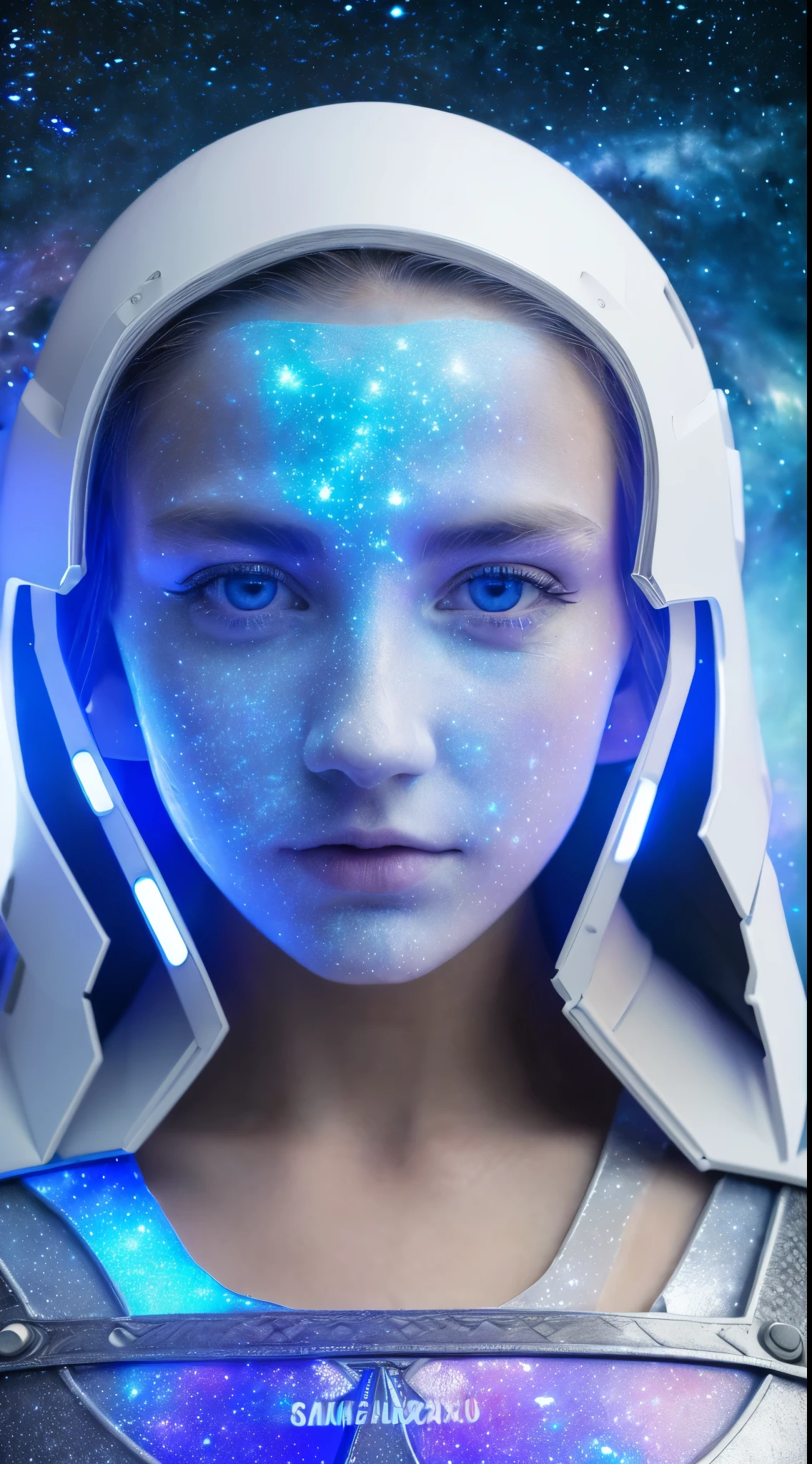 *RAW, 1 girl, showy, ((matte white armor, blue lights )), (Masterpiece, Best Quality), (detailed skin:1.3, detailed face:1.3), DSLR, realist, ((( pose, detailed galaxy landscape))), delicate, Soft colors, cinematic lighting* - <@417843734584229888