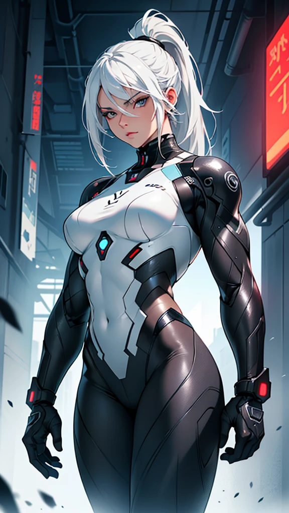 Beautiful cybernetic girl detailed muscles realistic masterpieces full figure pose (best quality,ultra-detailed), white hair in ponytail, fair skin, fit body, slim figure, narrow waist, (cocky expression), black carbon fiber cybernetic mobile combat suit, dynamic pose camera looking up