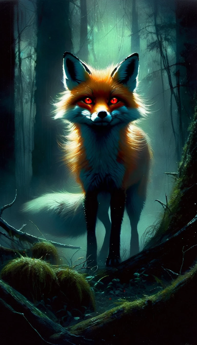 a little angry fox with red eyes, walking through a dark old-growth forest at night, foggy creepy atmosphere, fantasy magical night landscape, glowing moon, stars in night sky, mossy dark trees, detailed fur, detailed eyes, detailed facial features, extreme detailed, dramatic lighting, moody atmosphere, cinematic, dark fantasy, muted colors, deep shadows, glowing eyes, , moonlit, moody lighting, atmospheric, (art inspired in Bill Sienkiewicz). oil painting)