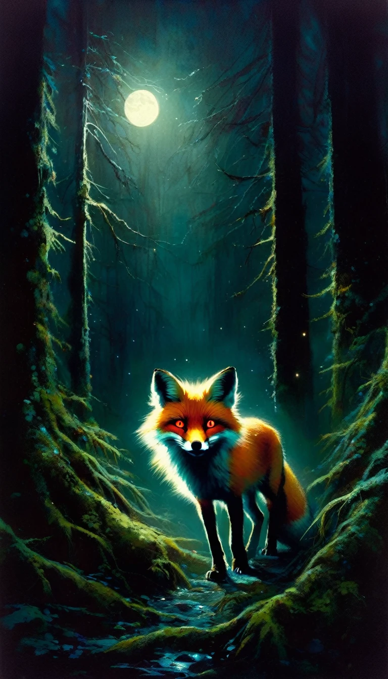 a little angry fox with red eyes, walking through a dark old-growth forest at night, foggy creepy atmosphere, fantasy magical night landscape, glowing moon, stars in night sky, mossy dark trees, detailed fur, detailed eyes, detailed facial features, extreme detailed, dramatic lighting, moody atmosphere, cinematic, dark fantasy, muted colors, deep shadows, glowing eyes, , moonlit, moody lighting, atmospheric, (art inspired in Bill Sienkiewicz). oil painting)