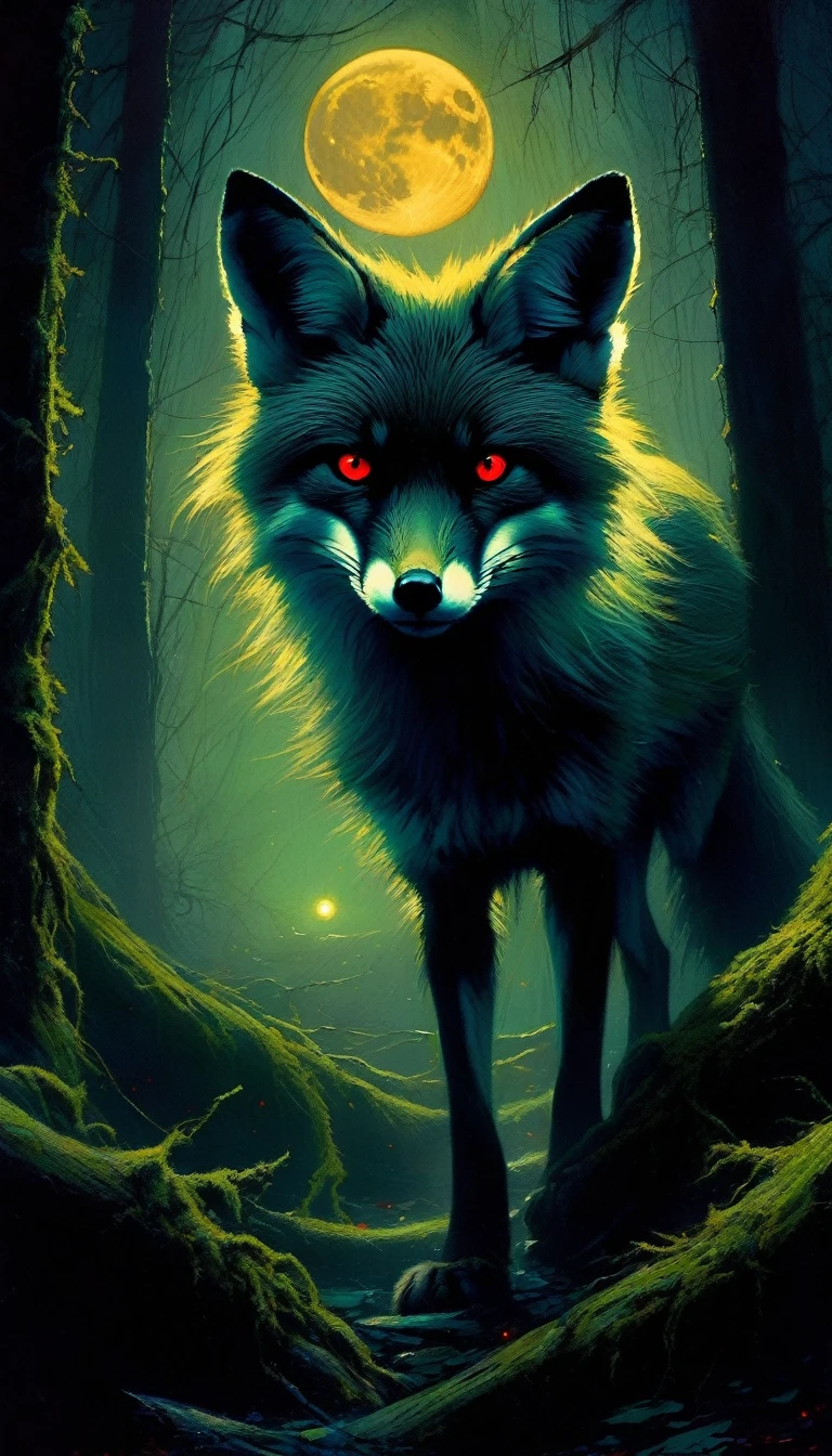 a little angry fox with red eyes, walking through a dark old-growth forest at night, foggy creepy atmosphere, fantasy magical night landscape, glowing moon, stars in night sky, mossy dark trees, detailed fur, detailed eyes, detailed facial features, extreme detailed, dramatic lighting, moody atmosphere, cinematic, dark fantasy, muted colors, deep shadows, glowing eyes, , moonlit, moody lighting, atmospheric, (art inspired in Bill Sienkiewicz). oil painting)