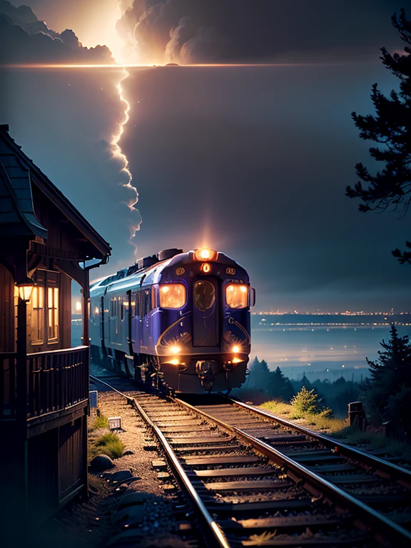(Best Quality,4k,8k,high resolution,Masterpiece:1.2),ultra detailed,(realist,photorealist,photo-realist:1.37),fantasy train on tracks,magical aura,beautiful night landscape,long train with intricate details and polished finish,smoke coming out of the train,glowing fireflies,soft and gentle glow from the train windows,silhouette of trees in the background,enchanted atmosphere,colored lights on the train reflecting on the tracks,dream atmosphere,bright stars in the night sky,locomotive with intricate design and ornate decorations,mysterious fog surrounding the train,captivating and surreal landscape,whimsical and captivating journey,Stunning attention to details and textures.,dreamy color palette with vibrant shades,touch of warmth and comfort in the environment,ethereal and charming feeling,meticulously crafted environment,sparkling and effervescent atmosphere,magical combination of realism and fantasy,Vivid and captivating scene that transports you to another world.