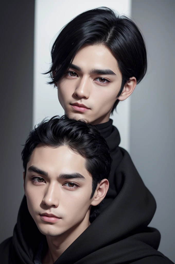 White man short black hair, Small face, black eyebrows, eyes as black as umbra, small straight nose, mouth with thick lips, chin with dimple, square jaw.