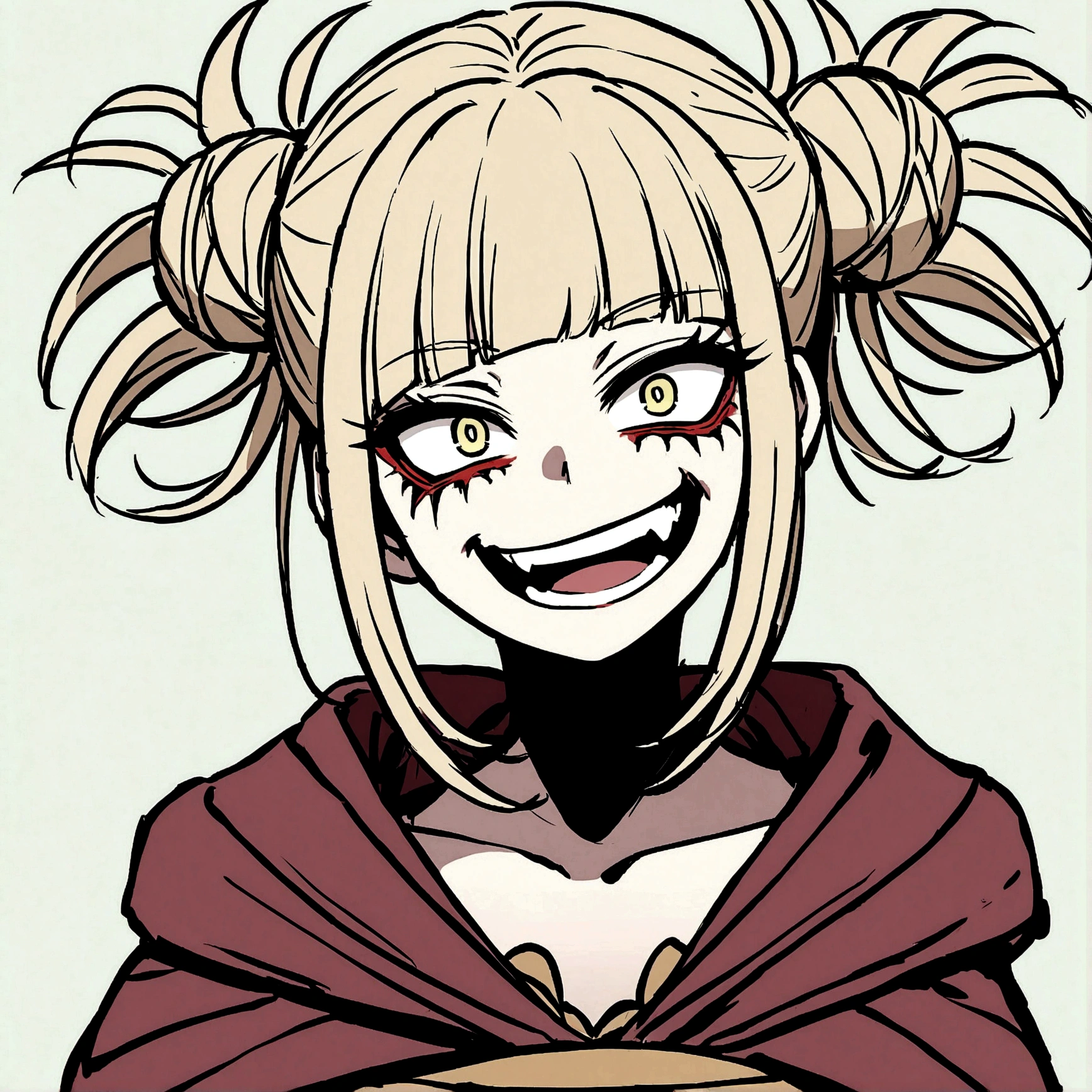 Himiko Toga, the villain from "My Hero Academia." Emphasize the distinctive features of her face to capture her essence and unsettling nature. Himiko Toga should appear with an expression that reflects her overwhelming, almost manic excitement. Her smile should be wide and deranged, showing a mix of enthusiasm and danger, with sharp, well-defined teeth. This smile should radiate a sense of disturbing joy and a menacing eagerness.
Himiko's eyes should be large and expressive, with slightly dilated pupils and an intense shine that reveals her eccentric and obsessive nature. The color of her eyes should be vibrant and saturated, standing out on her face and adding an extra layer of intensity to her gaze. Ensure to capture that spark in her eyes that suggests both a childlike curiosity and an underlying threat.
Her hair should be tied up in two messy buns on either side of her head, with loose strands falling around her face, framing her features. The color of her hair should stay true to her depiction in the anime/manga, with pale blonde tones that contrast with the intensity of her eyes and facial expression.
In addition to her facial features, incorporate details of her modified . Be sure to include distinctive elements like the knives she often carries and other aspects of her outfit that reflect her personality and style. The image should convey her psychotic and dangerous nature, highlighting both her physical appearance and her attitude.
