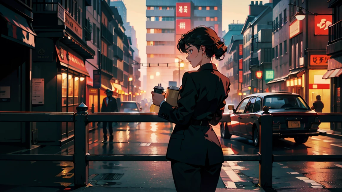 morning, During commute, Paris, On the Pont Neuf Bridge, Woman leaning on railing, Asian Woman,Drinking coffee, Parisの景色, Perfect Face, Looking Away, Office Suits, Melancholy, (Rear light: 1.1), A scene from a movie, Soft Shadows, masterpiece, Highest quality, Complex, Model shooting style, Vintage, Film Grain, Wide Shot