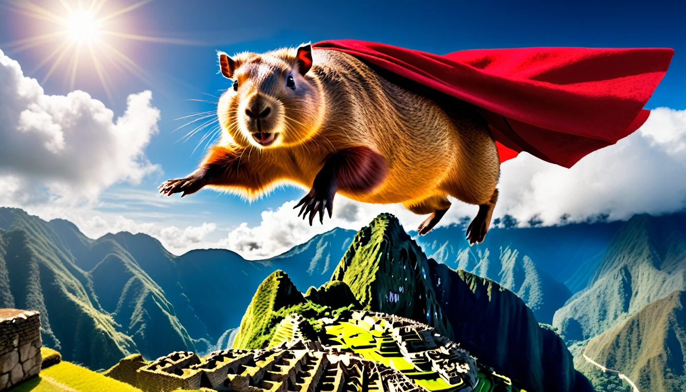 photo of a flying superhero capybara in red cape fetching guinea pigs mid air above Machu Picchu, highly detailed, cinematic lighting, dramatic composition, 4k, masterpiece, flying