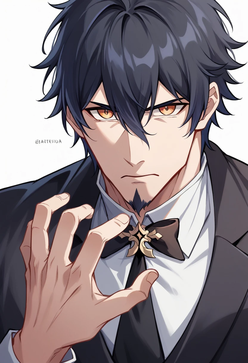 Simple white background, muscular male character Genshin Impact, unique character, serious look, , black suite, short black hair without bangs, goatee, visual novel, detailed black suit, high quality, cinematic, dramatic pose, intricate details, colors vibrant, masterpiece, Genshin Impact