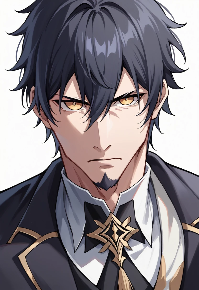 Simple white background, muscular male character Genshin Impact, unique character, serious look, , black suite, short black hair without bangs, goatee, visual novel, detailed black suit, high quality, cinematic, dramatic pose, intricate details, colors vibrant, masterpiece, Genshin Impact