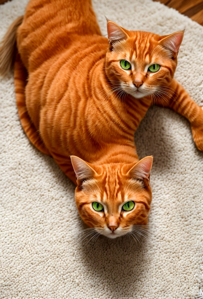 Whiskers, the orange tabby cat with bright green eyes, lounging lazily on a fluffy rug in a cozy living room. 