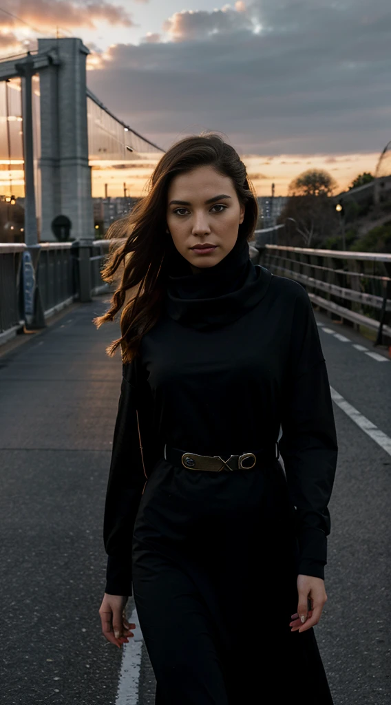 (realisitic), (Hyper-Realism), (photorealisitic:1.4), best qualityer, work of art, xtaylor, 1 girl, gazing at viewer, make up, detailedeyes, face detailed, (trunk:1.2), black gown, black scarf, walking on the bridge, SUNSET, Thu, (windy:1.2) 
