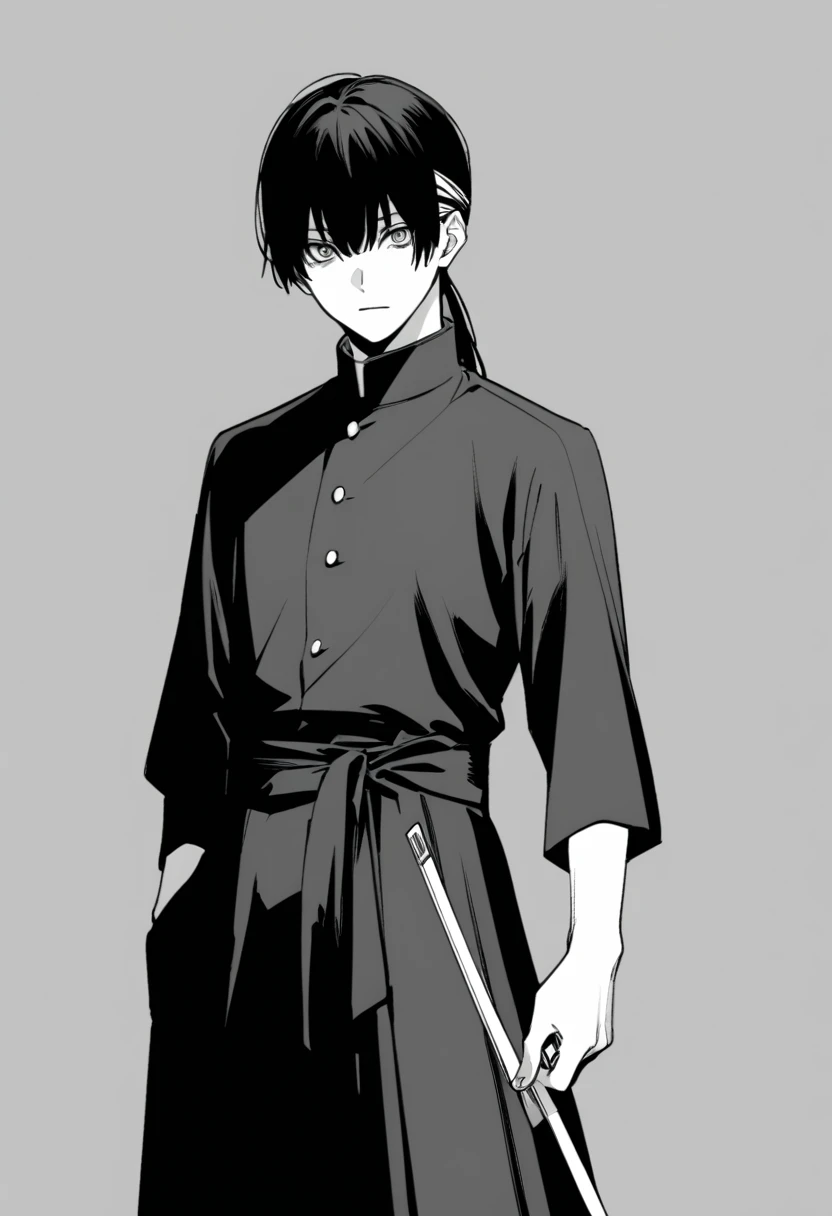 yuto-sano, 1boy, Kaneki, black hair, unique hairstyle long hair, elegant, monochrome, solo, greyscale, male focus, looking at viewer, holding a sword