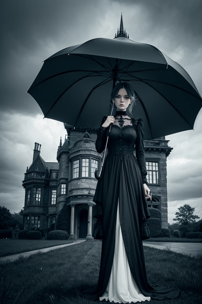 A gothic mansion and imposing stormy sky.
clear, elegant dress, holding a black umbrella, standing in front of the mansion.
Black palette, gris, dark blue and white to create a melancholy and intriguing atmosphere.