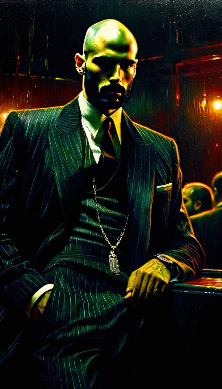 a young thin bald man with a black beard, mafia style, in a club, oil painting, highly detailed, cinematic lighting, dramatic chiaroscuro, gritty and grungy atmosphere, rich colors, moody, Bill Sienkiewicz inspired art, photorealistic, 8k, best quality, intricate details, masterpiece
