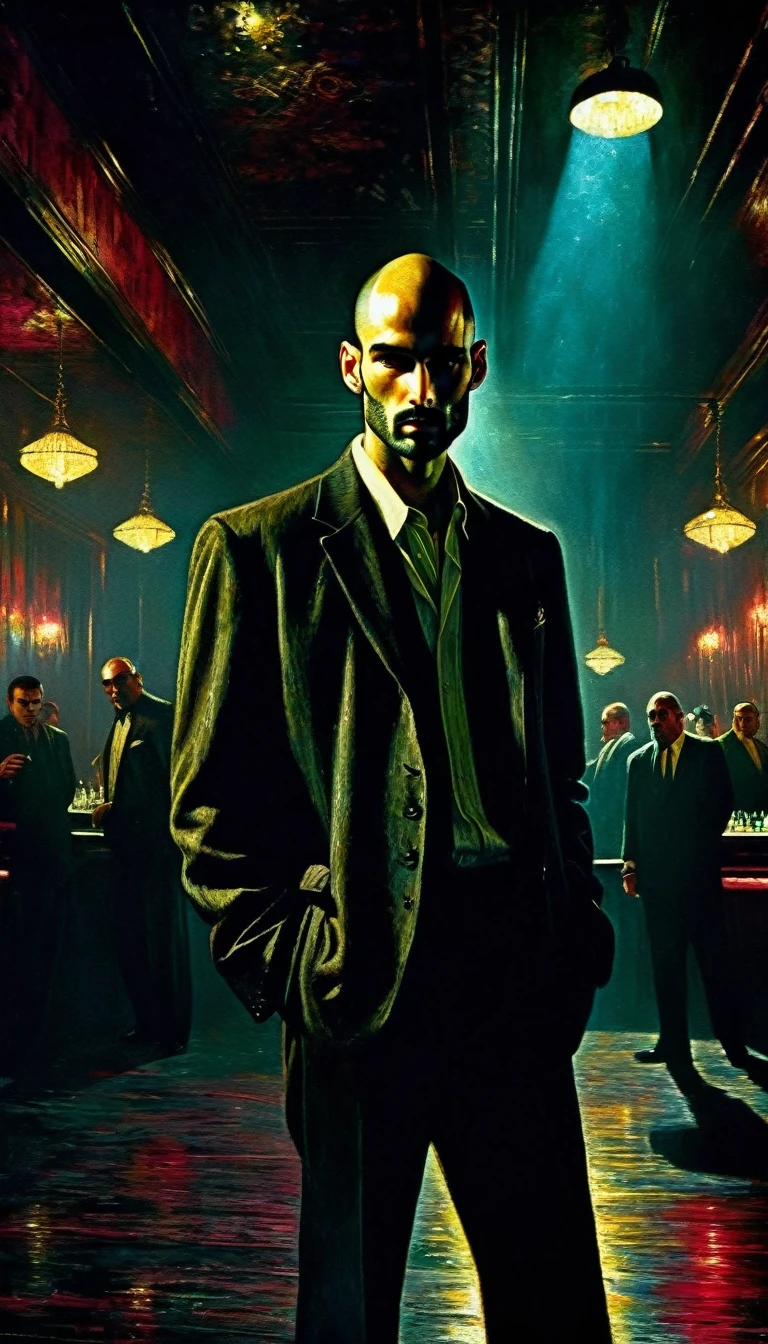 a young thin bald man with a black beard, mafia style, in a club, oil painting, highly detailed, cinematic lighting, dramatic chiaroscuro, gritty and grungy atmosphere, rich colors, moody, Bill Sienkiewicz inspired art, photorealistic, 8k, best quality, intricate details, masterpiece