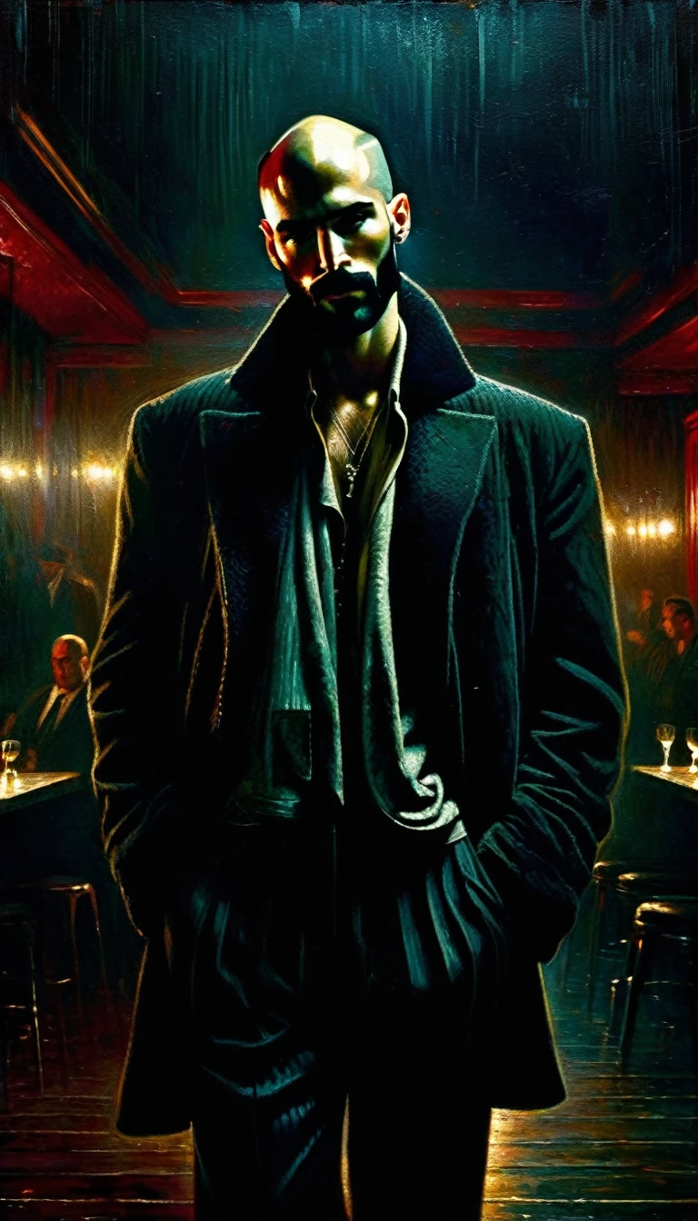 a young thin bald man with a black beard, mafia style, in a club, oil painting, highly detailed, cinematic lighting, dramatic chiaroscuro, gritty and grungy atmosphere, rich colors, moody, Bill Sienkiewicz inspired art, photorealistic, 8k, best quality, intricate details, masterpiece
