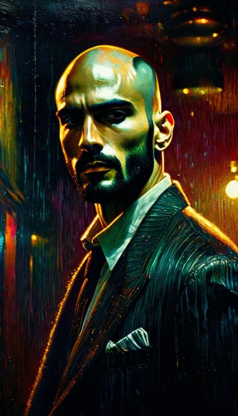a young thin bald man with a black beard, mafia style, in a club, oil painting, highly detailed, cinematic lighting, dramatic chiaroscuro, gritty and grungy atmosphere, rich colors, moody, Bill Sienkiewicz inspired art, photorealistic, 8k, best quality, intricate details, masterpiece