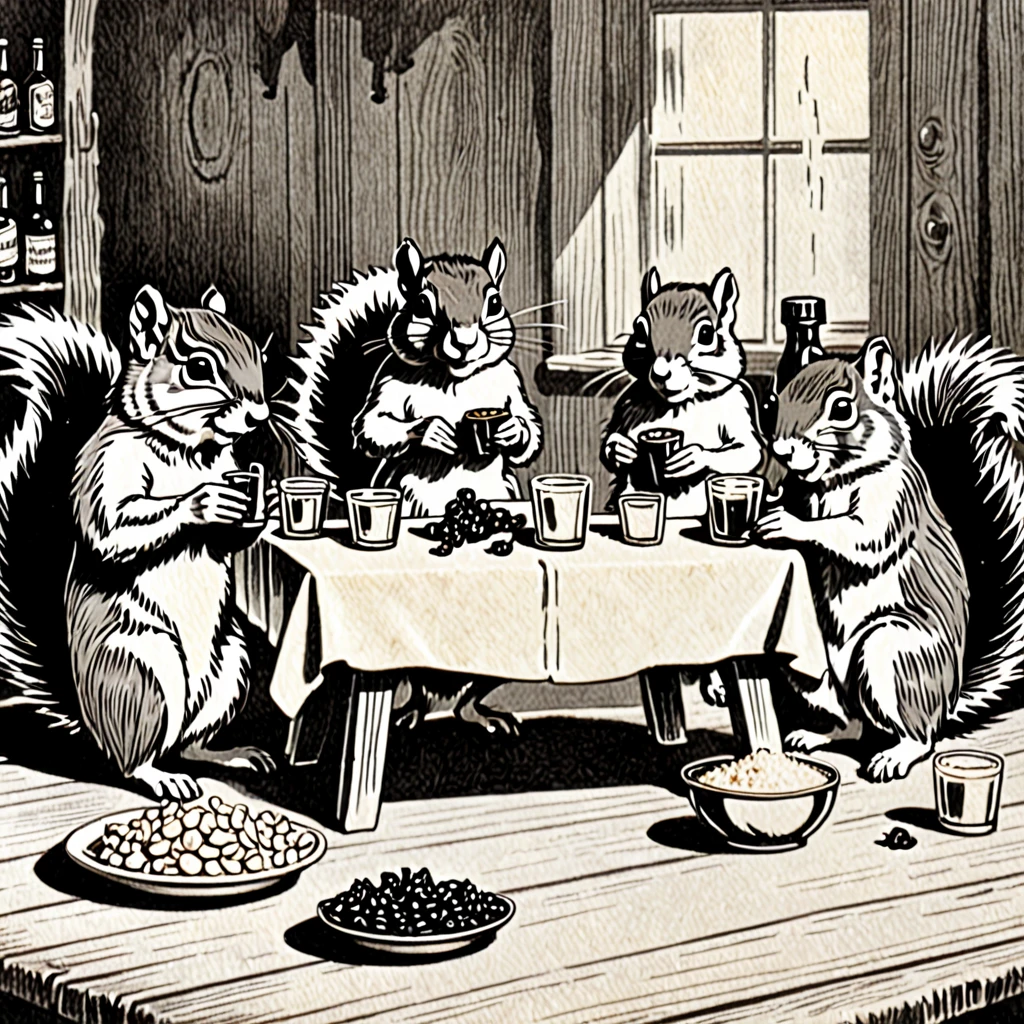 4 Squirrels, drunk, vintage, pencil draw, gathering, table with a bottle of rum in the middle, Squirrel 1 holding a peanut, squirrel 2 holding shredded coconut, squirrel 3 holding raisins, and squirrel 4 holding a sack of flour, sitting with glasses of rum and ice