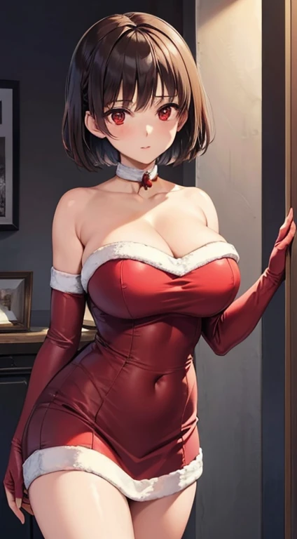 1 Girl, Solitary, masterpiece, best quality, high resolution, Very detailed, (illustration), Beautiful and delicate eyes, Makoto Niijima, Bangs, Weaving, Brown hair, crown Weaving, (Red Eyes:1.3), short hair, ,Glossy lips, Light makeup, A faint smile, Long White Satin Elbow Gloves ,Cowboy shooting, (Santa Claus), red Santa Claus dress(((Full and soft breasts,)))(((Huge breasts))) (((Cleavage)))
