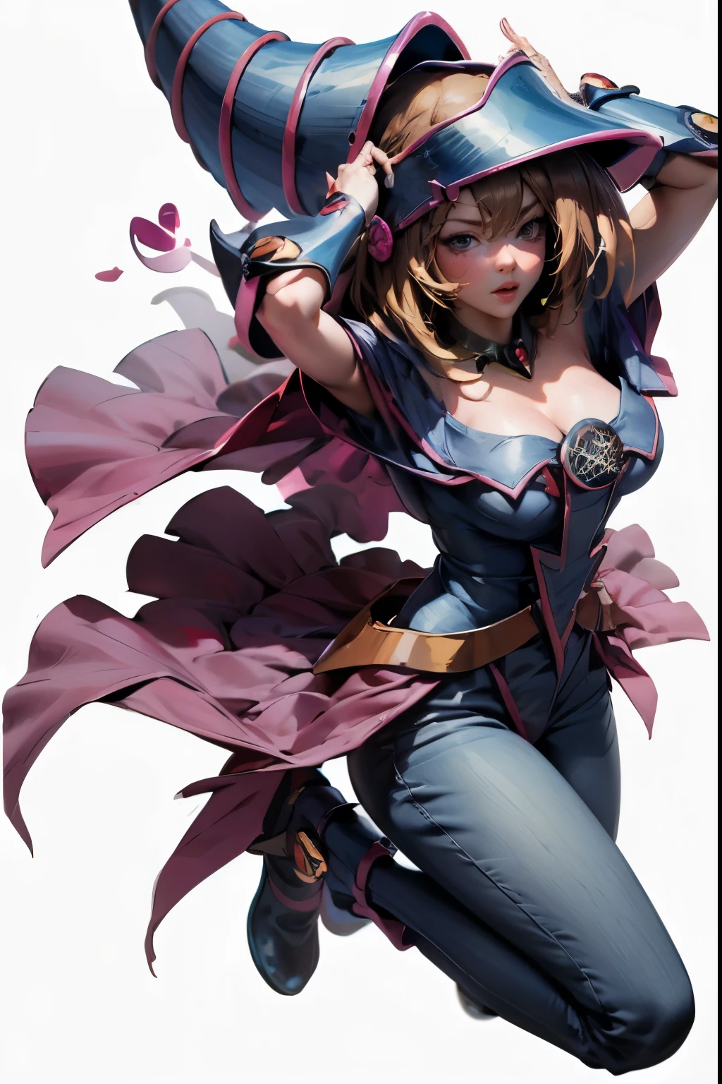 (Masterpiece:1.2), (The best quality:1.2), perfect lighting, Dark Magician Girl casting a spell, in battle. floating in the air, big and visible tits, wear jeans and heels. transparent neckline, blue robe, big hat, From above, sparkles, Yugioh game, The magic of the heart, romantic heart.