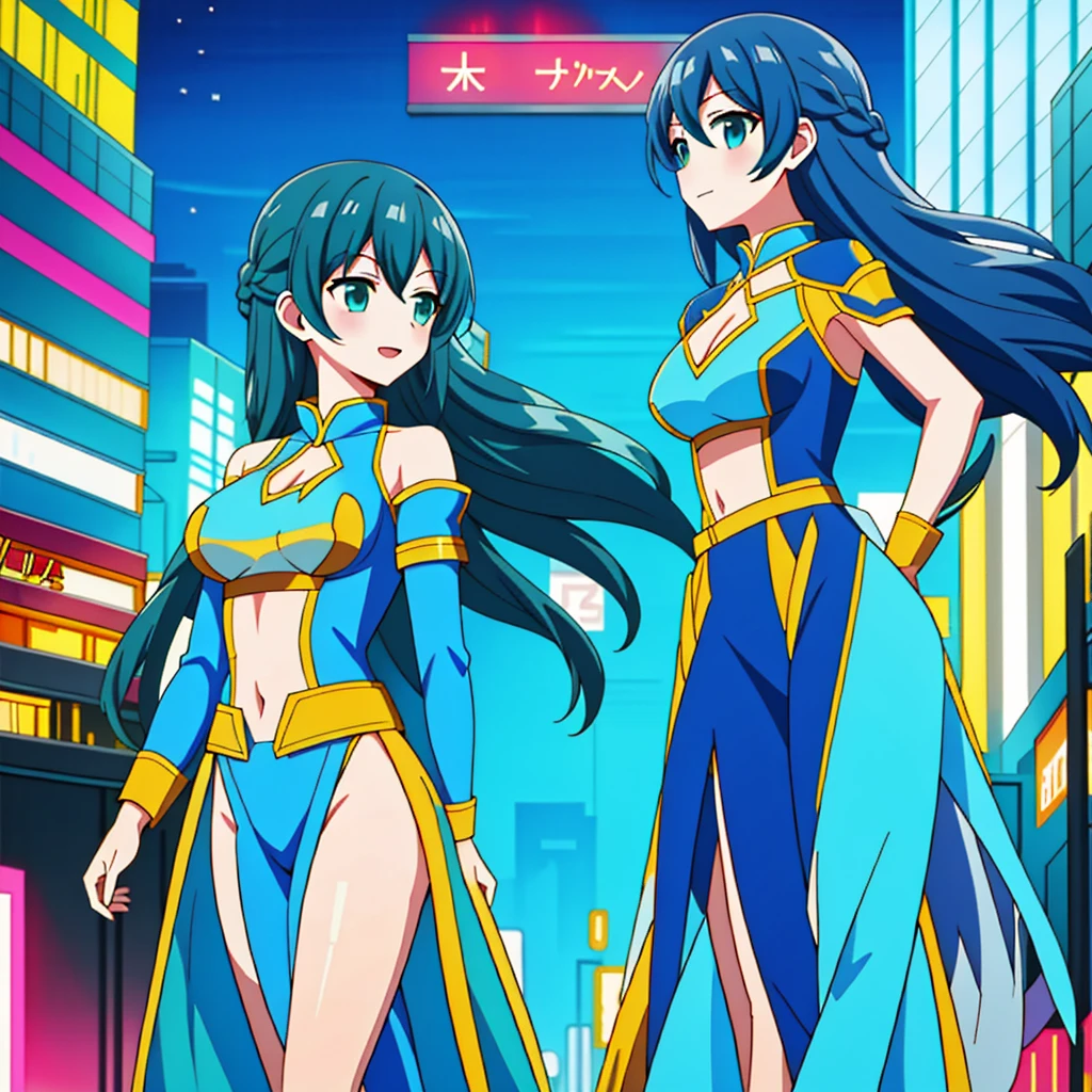 Create a dynamic and vibrant scene featuring an anime character in a futuristic city. The character should have striking, colorful hair and wear a sleek, high-tech outfit. They are standing on a rooftop with neon signs and holographic advertisements in the background. The cityscape should include towering skyscrapers, flying cars, and bustling streets below. Emphasize a sense of action and energy, with the character ready for an adventure or battle. Add glowing accents to the character's outfit and surrounding environment to enhance the futuristic feel.