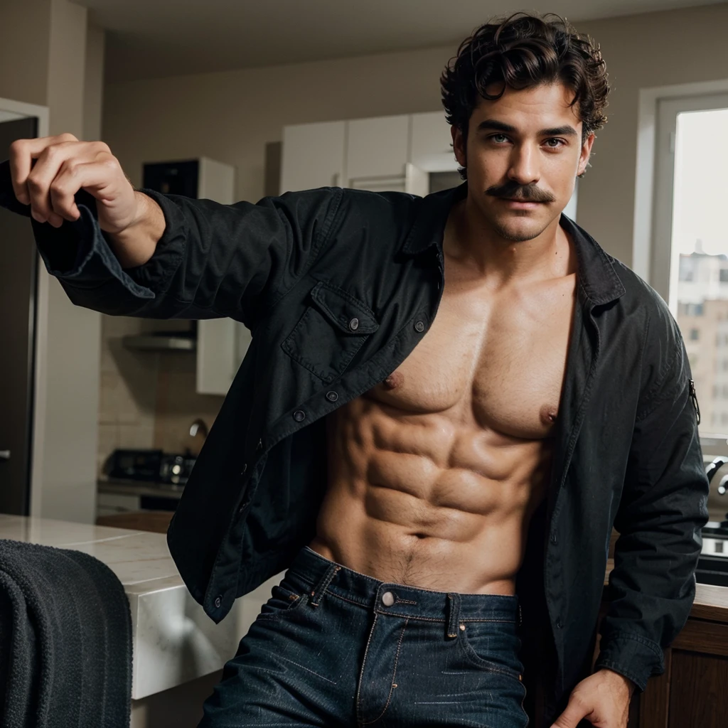 Handsome man , light mustache, hot muscular body , medium curly hair , phone selfie, best quality like its taken by iPhone 12 , wearing black baggy jeans and black jacket