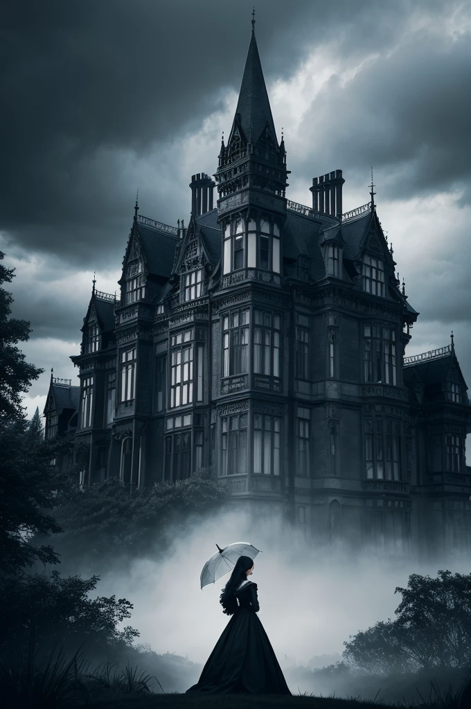 A gothic mansion and imposing stormy sky.
clear, elegant dress, holding a black umbrella, standing in front of the mansion.
Black palette, gris, dark blue and white to create a melancholy and intriguing atmosphere.
MAKE A REALISTIC HUMAN 