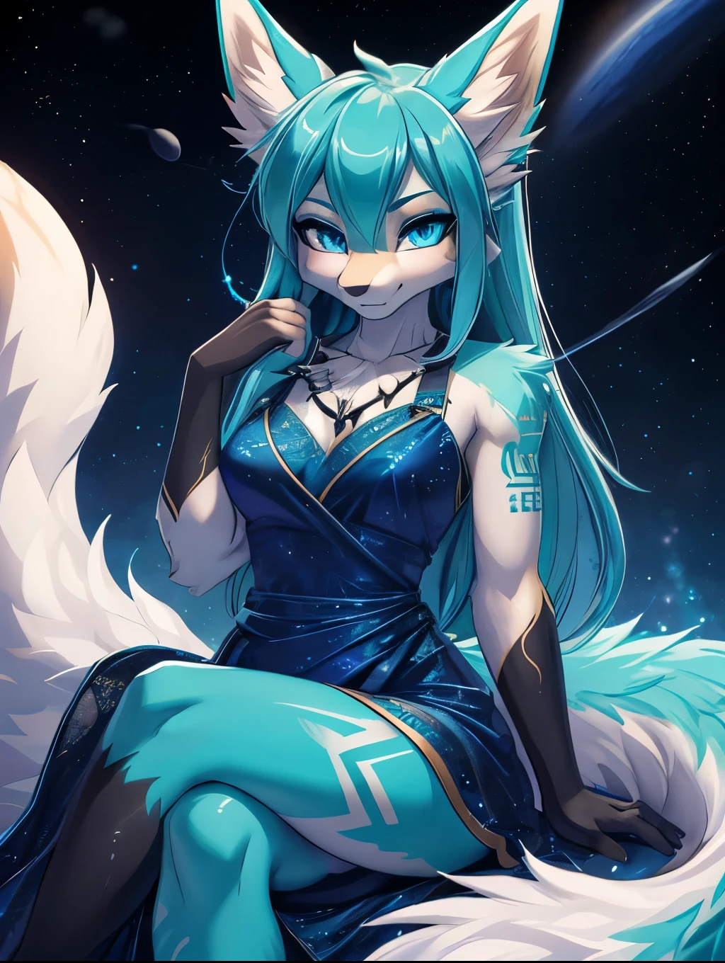 Miku Hatsune, water&White, High Definition, kitsune ears, golden tattoo, tribal tattoo, mediolateral view sitting legs tight, flirtatious look, deep blue eyes, magical aura, space kitsune, Mystic aura, Mystic aura, long fluffy tail, enhanced eyes add_detail:1, space fox, galaxy dress