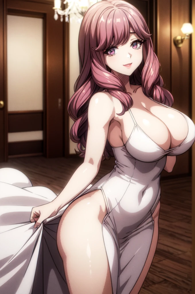 perfect eyes:1.2, detailed eyes:1.4, hall, smile, chandelier, Kurayoshi_R, cleavage, large breasts, ass, white dress, pelvic curtain, long dress, medium full shot, thigh-level shot, 1girl,(masterpiece:1.6, best quality),