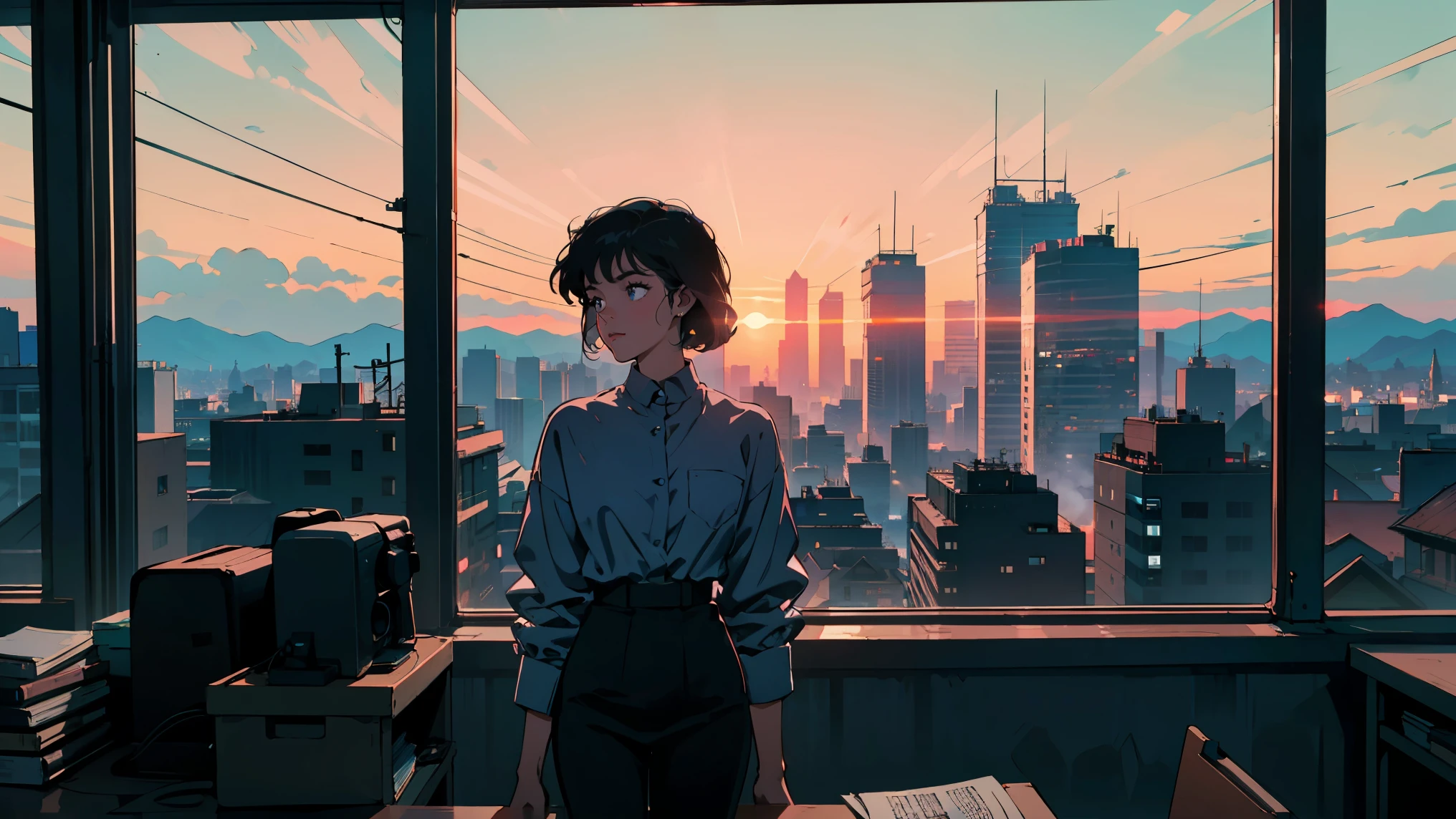Beautiful Asian woman standing in the office at night, City night view from the window, Perfect Face, White Taylormade, Melancholy, Neon Black, (Backlight: 1.1), A scene from a movie, Hard Shadows, masterpiece, Highest quality, Complex, Model shooting style, Vintage, Film Grain, Blue tones
