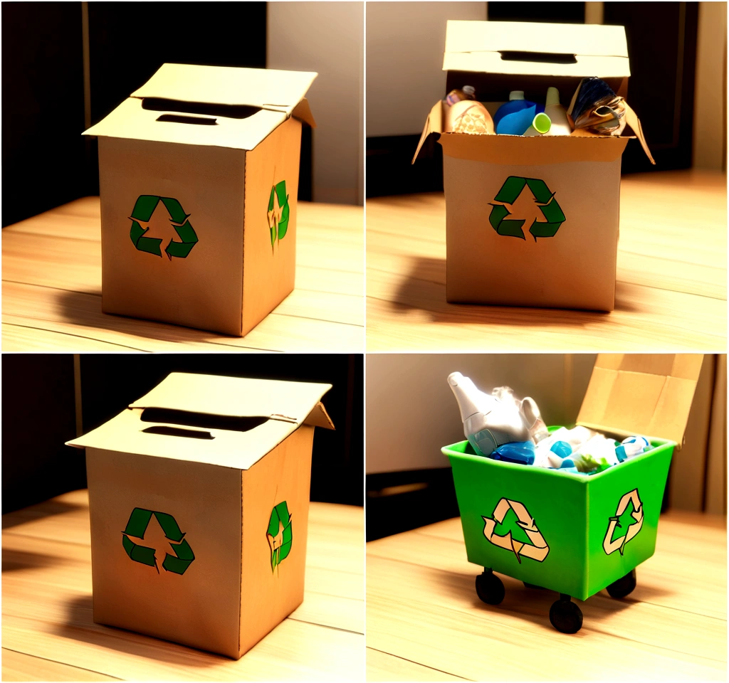 recycle cardboard and plastic, anime, comic, 3D model