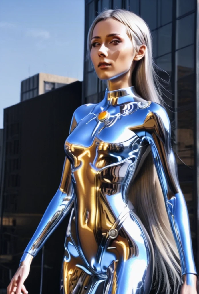 1girl, solo, realistic style, 4k quality, masterpiece, best quality, ultra series, sword art online, lolita, , yui, long hair, blunt bangs, white hair, very long hair, high ponytail, pointy ears, elf, barefoot, ultrawoman, robot, colored skin, glowing eyes, yellow eyes, flat chest, giantess, giant, metallic face, metallic skin, shiny skin, chrome skin, gem on chest, colour timer on chest, chest jewel, blue jewel, muscular, abs, muscular female, Female Bodybuilding Style, ultra beam ( a cross-shape or an L-shape with your arms and firing a beam from your upright arm), thick_thighs, looking at viewer, full body, serious face, closed mouth, standing, giantess, outdoor, city, citycape, skyscraper