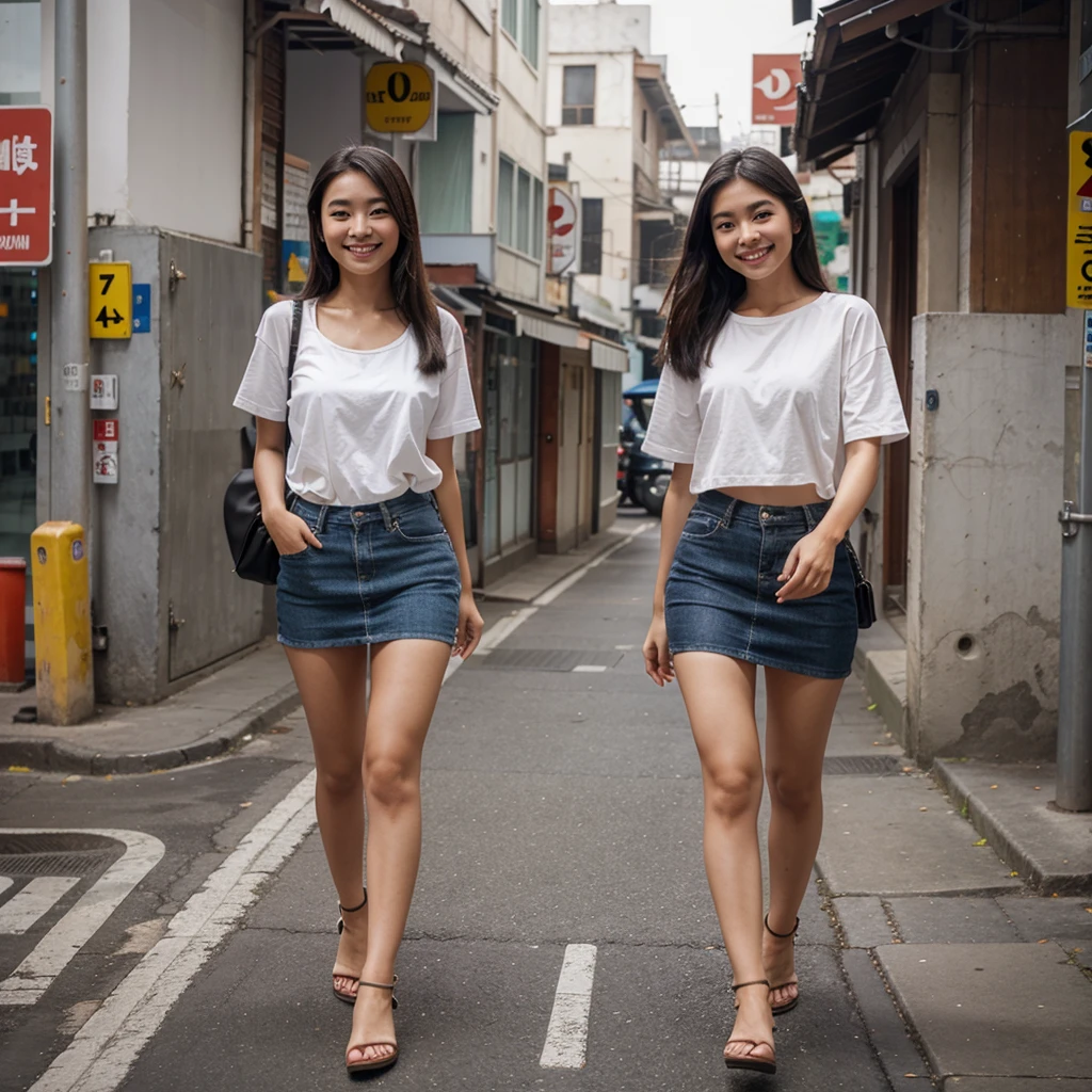 young beautiful asia girl walking on the street smiling