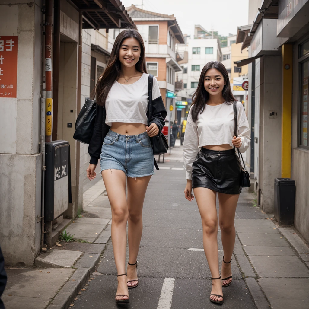 young beautiful asia girl walking on the street smiling