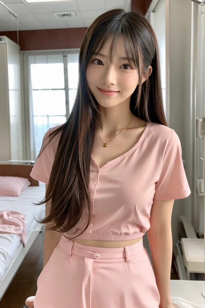 Hospital room, nurse, ((full body)), ((photo)), ((best qualtiy, 8K, tmasterpiece: 1.3)), Focus: 1.2, perfect figure beautiful girl: 1.4, 1girl, cowboy shot, look at viewer, eyes facing the camera, incredibly absurd, beautiful and cute girl with a photorealistic face, showcasing top-quality craftsmanship, Japanese woman taking care of patients in a hospital room, 23 years old, long hair parted in the middle, long layered bangs, silky hair quality, thick and voluminous style, beautiful features, amber eyes, long eyelashes, thin eyebrows, beautiful bridge of the nose, small nose, plump and elegant pink lips, fair skin, high cheekbones, cute smile, clean jawline, beautiful nape, long neck, 163cm height, long limbs, delicate, slender, well-balanced proportions, beautiful C-cup breasts, pink blouse and pink pants nurse uniform, nurse shoes, gold ring and necklace, beautiful, neat, refined, elegant, soothing, pretty older sister, long legs, kind, strong-willed, passionate, proactive, hardworking, gains the trust of those around her, October