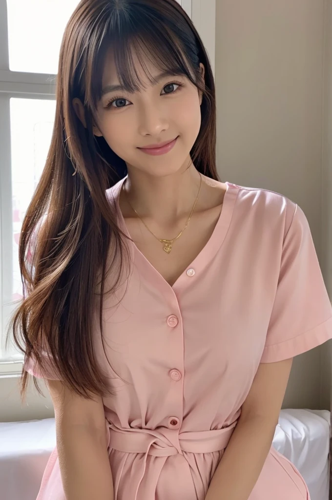 Hospital room, nurse, ((full body)), ((photo)), ((best qualtiy, 8K, tmasterpiece: 1.3)), Focus: 1.2, perfect figure beautiful girl: 1.4, 1girl, cowboy shot, look at viewer, eyes facing the camera, incredibly absurd, beautiful and cute girl with a photorealistic face, showcasing top-quality craftsmanship, Japanese woman taking care of patients in a hospital room, 23 years old, long hair parted in the middle, long layered bangs, silky hair quality, thick and voluminous style, beautiful features, amber eyes, long eyelashes, thin eyebrows, beautiful bridge of the nose, small nose, plump and elegant pink lips, fair skin, high cheekbones, cute smile, clean jawline, beautiful nape, long neck, 163cm height, long limbs, delicate, slender, well-balanced proportions, beautiful C-cup breasts, pink blouse and pink pants nurse uniform, nurse shoes, gold ring and necklace, beautiful, neat, refined, elegant, soothing, pretty older sister, long legs, kind, strong-willed, passionate, proactive, hardworking, gains the trust of those around her, October