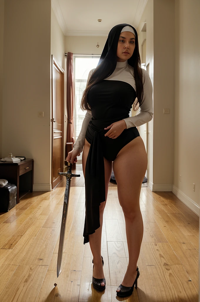 nun, young, , teenrvy, voluptuous, tall, long legs, very wide hips, thick thighs, slim waist, sword