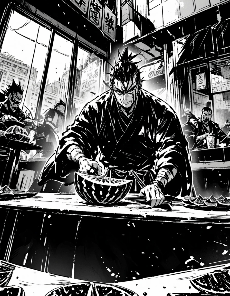 a samurai man cutting a watermelon in a restaurant in a big city.