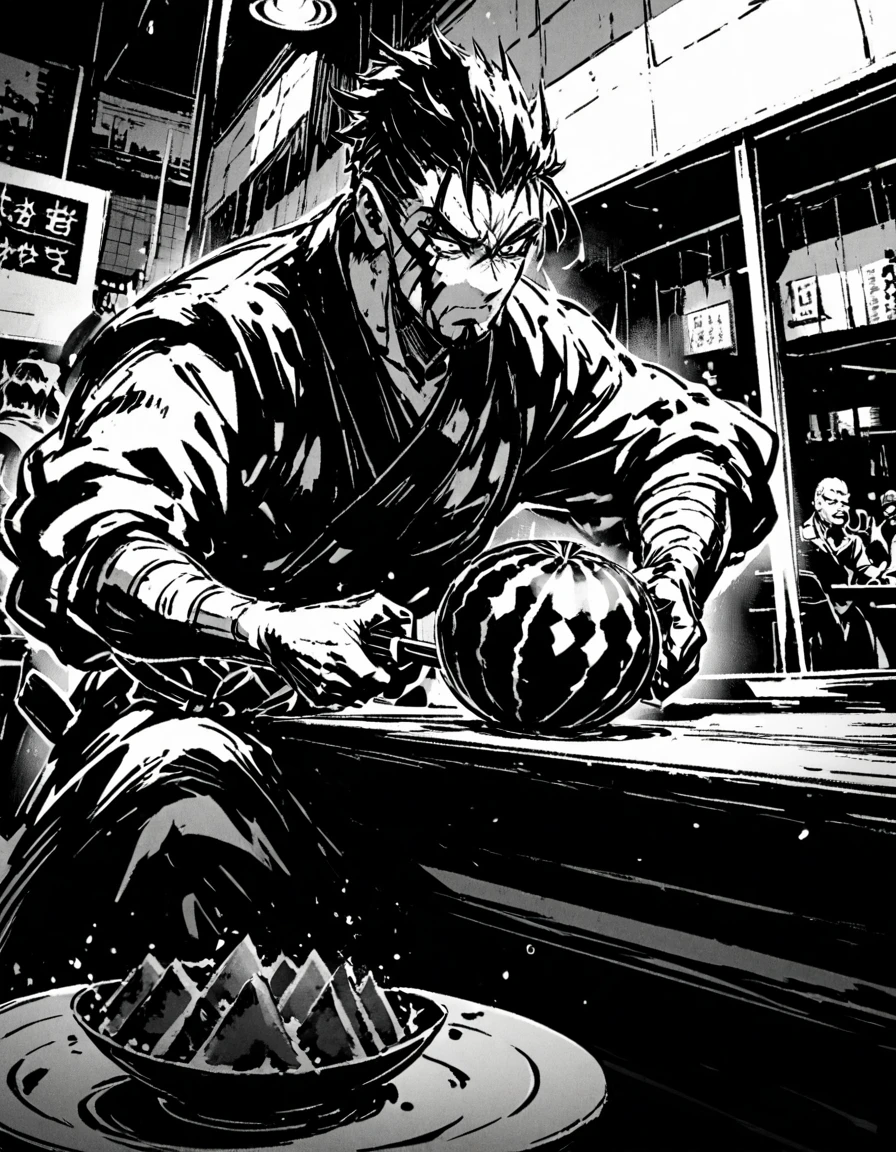 a samurai man cutting a watermelon in a restaurant in a big city.