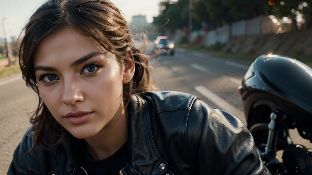 photorealistic, high quality, 1girl, woman riding a complete racing motorcycle, beautiful detailed eyes, beautiful detailed lips, extremely detailed face, long eyelashes, dynamic pose, leather jacket, wind blowing hair, high speed motion blur, vibrant colors, cinematic lighting, dramatic shadows, depth of field, sense of speed and movement
