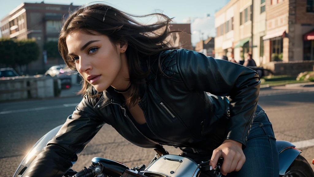 photorealistic, high quality, 1girl, woman riding a complete racing motorcycle, beautiful detailed eyes, beautiful detailed lips, extremely detailed face, long eyelashes, dynamic pose, leather jacket, wind blowing hair, high speed motion blur, vibrant colors, cinematic lighting, dramatic shadows, depth of field, sense of speed and movement