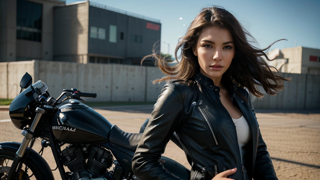 photorealistic, high quality, 1girl, woman riding a complete racing motorcycle, beautiful detailed eyes, beautiful detailed lips, extremely detailed face, long eyelashes, dynamic pose, leather jacket, wind blowing hair, high speed motion blur, vibrant colors, cinematic lighting, dramatic shadows, depth of field, sense of speed and movement