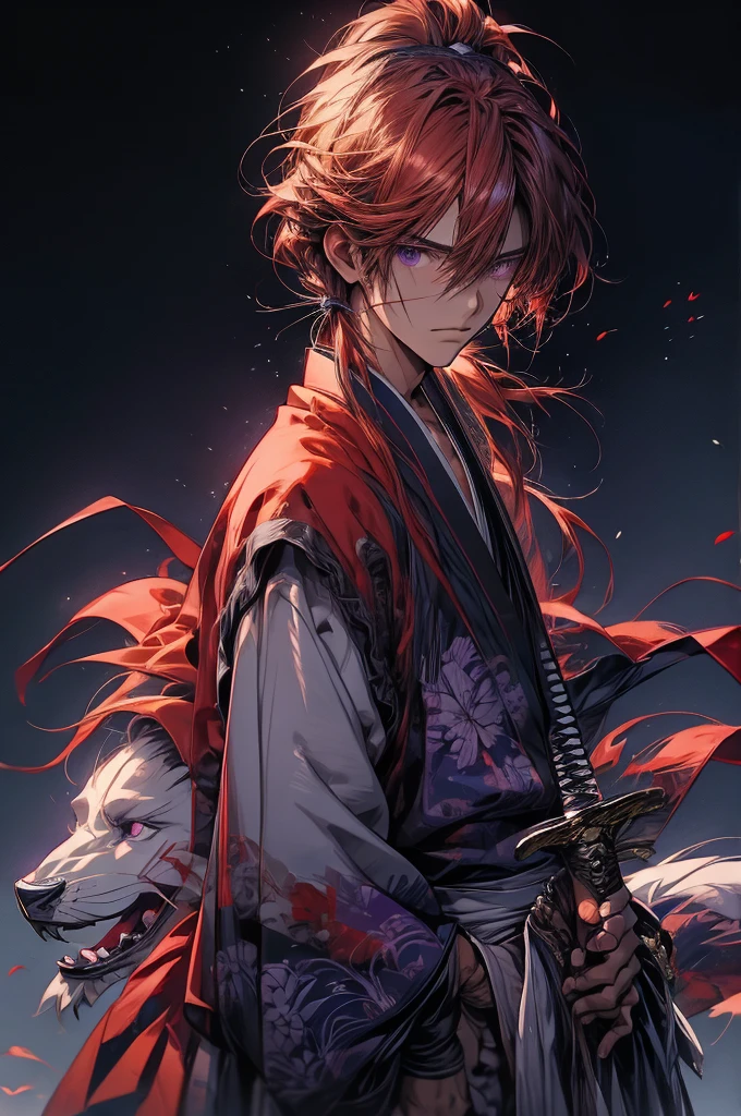 kenshin rk, solo, long hair, looking at viewer, simple background, long sleeves, 1boy, white background, holding, hair between eyes, closed mouth, purple eyes, collarbone, ponytail, weapon, male focus, japanese clothes, sword, wide sleeves, kimono, holding weapon, sketch, scar, holding sword, katana, sheath, hakama, scar on face, sheathed, serious, red kimono, scabbard, unsheathing, scar on chest, ready to draw